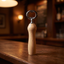 A wooden bottle opener with a polished silver metal ring, standing upright on a dark wooden bar counter in a warmly lit bar setting.